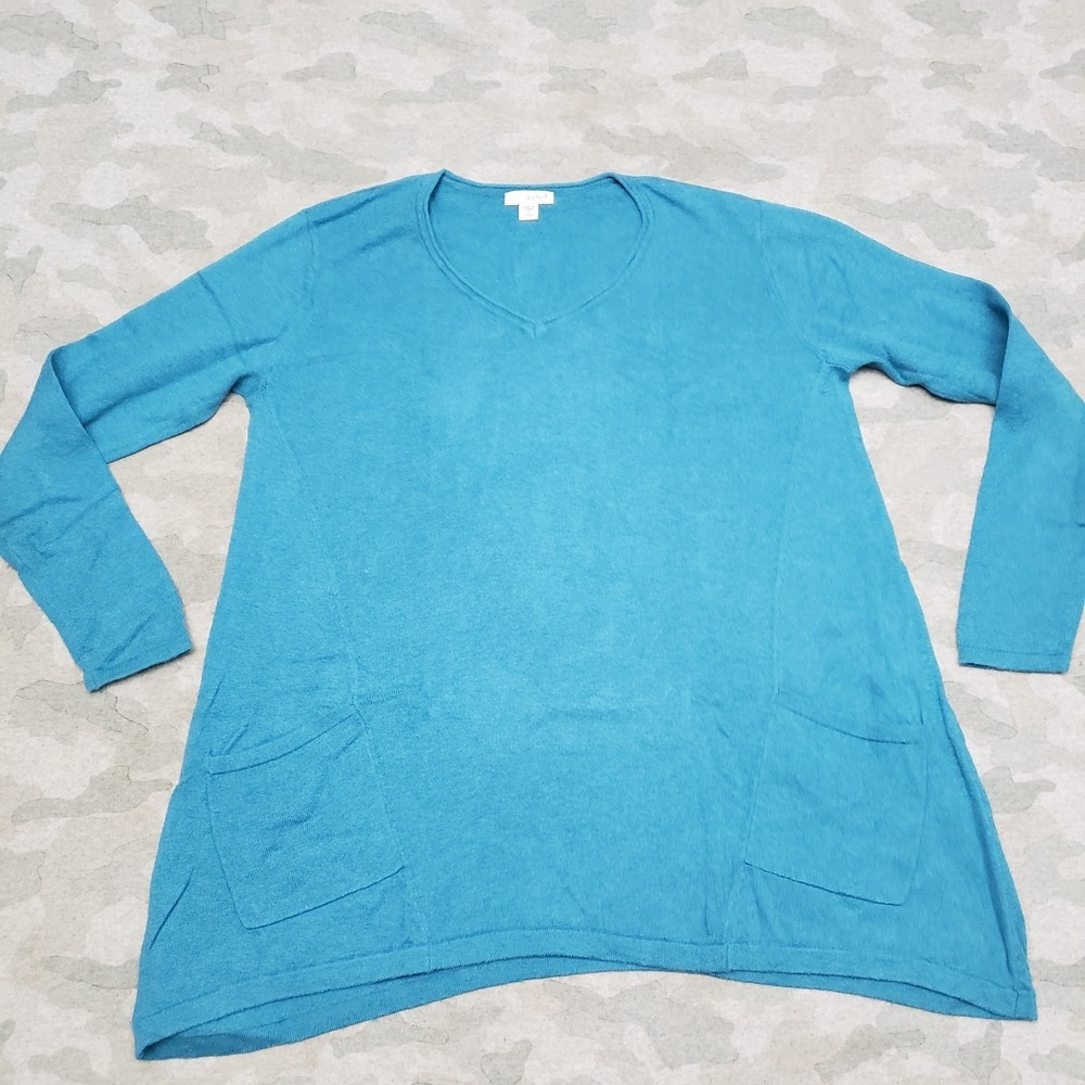 Pure Jill Top Womens Small Petite Blue Pullover Pocktes V-neck Cashmere Blend